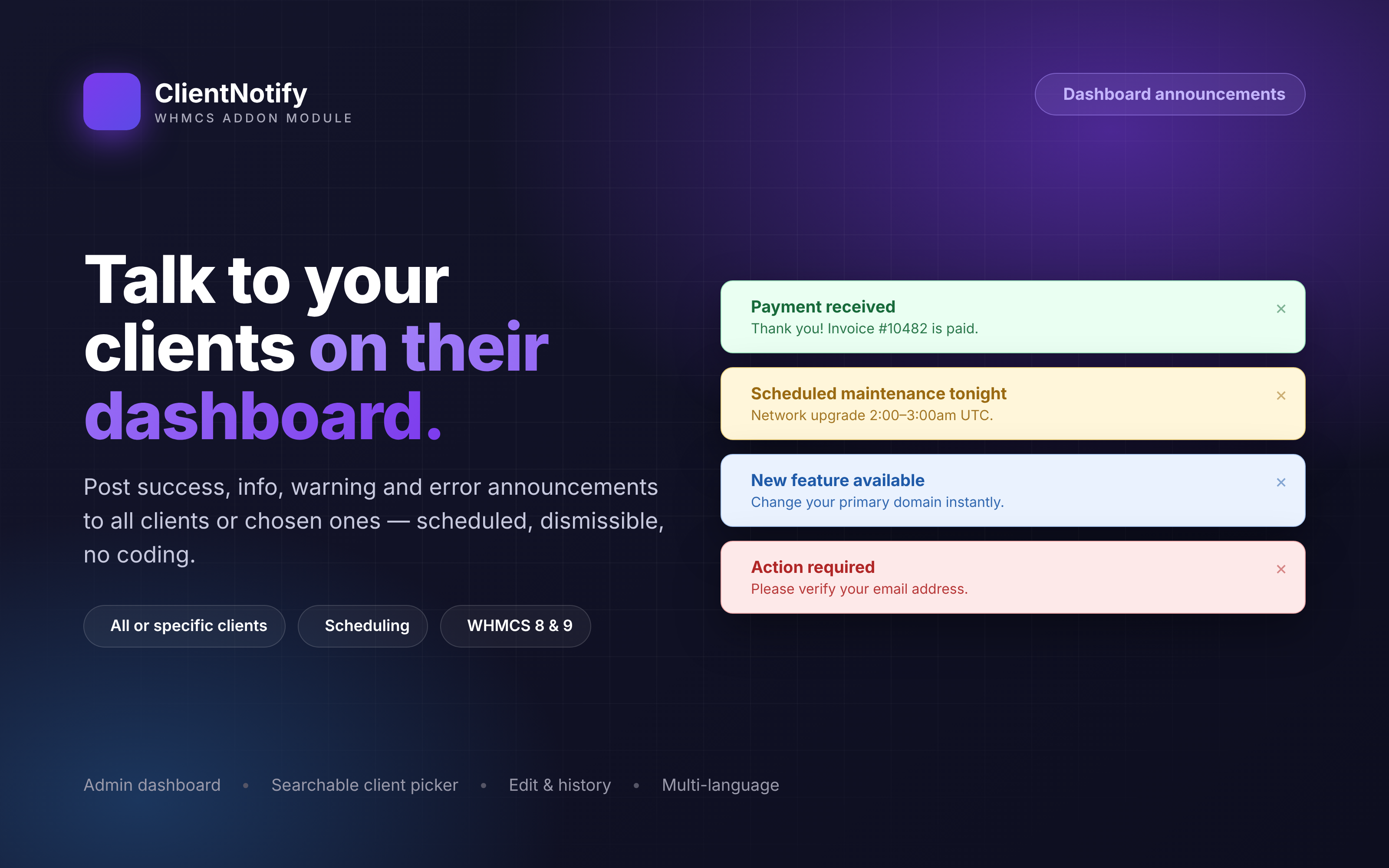 ClientNotify — Dashboard Notifications & Announcements for WHMCS